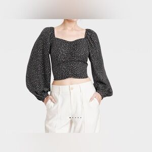 A NEW DAY WOMENS CROP TOP LONG BALLOON SLEEVES SMALL SIZE BLACK/WHITE